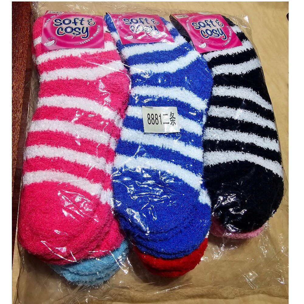 Soft & Cosy Fuzzy Socks, Striped, 6 pairs